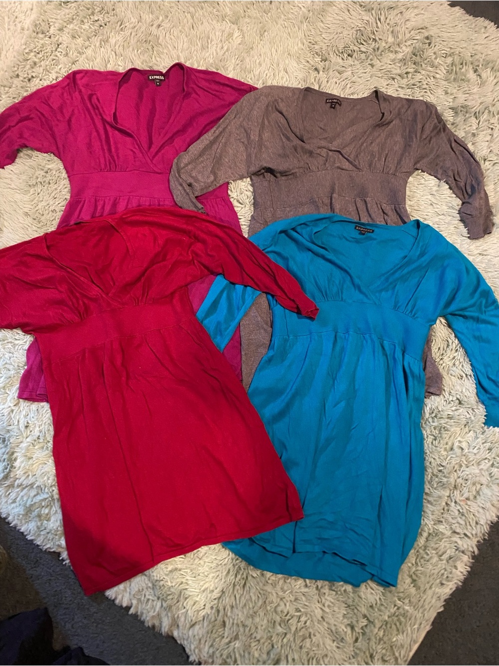 Bundle of Express Women's Medium V-Neck Knit Tunic - Pink, Red, Teal, Gray